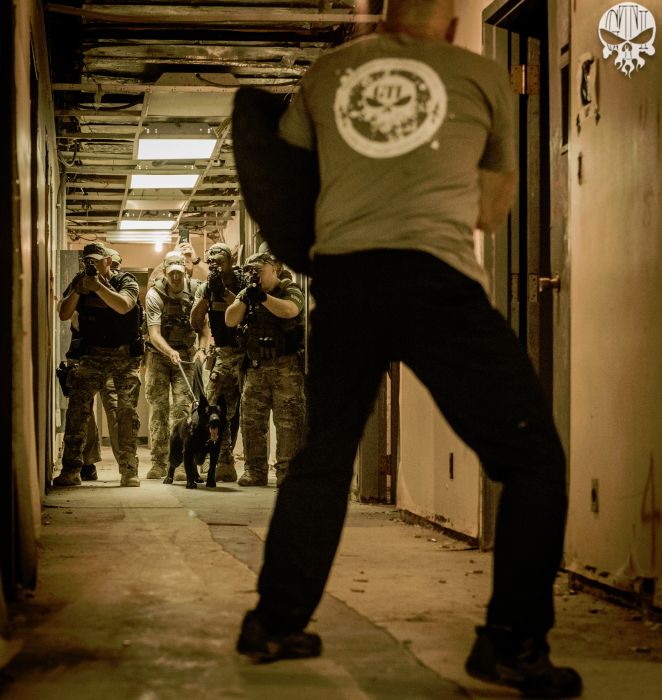 Director Of Training Dennis O'Connor preparing to take a bit during some CQB training during one of our Basic SWAT Courses.