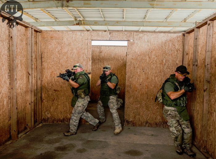 Student practicing room entries in one of our shoot houses during our CQB class.