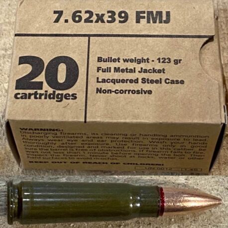 Barnaul 7.62X39 FMJ 123 Grain Lacquered Steel Case Sealed Primer and Bullet Case Neck Non Corrosive Box of 20 Cartridges